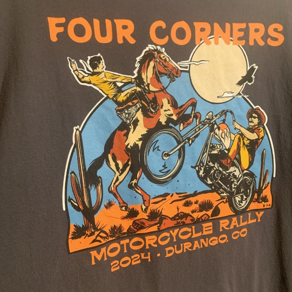 Mens Four Corners Bike Rally 2024 Durango Colorado Dual Graphic T-Shirt Gray 3XL - Picture 2 of 10
